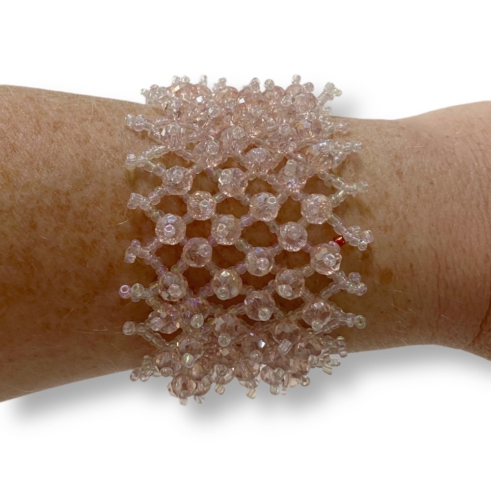 Vintage Circa Y2K, Pink Adjustable Stretch Crystal Crochet Cuff Beaded Bracelet
